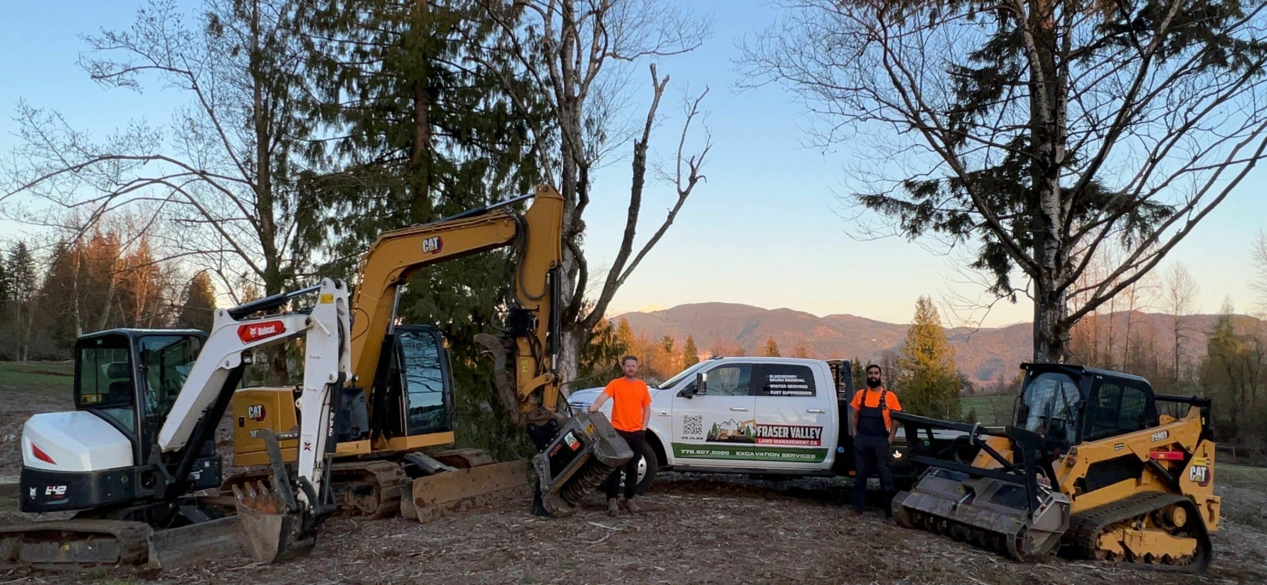 Excavators, a skid steer and a work truck lined up beside trees at sunset