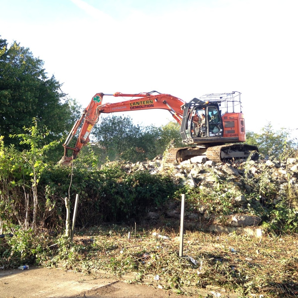 Worker performing knotweed removal on a Fraser Valley property near dense growth along a boundary line