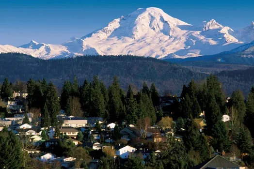 Abbotsford, BC neighbourhood with Mount Baker rising behind